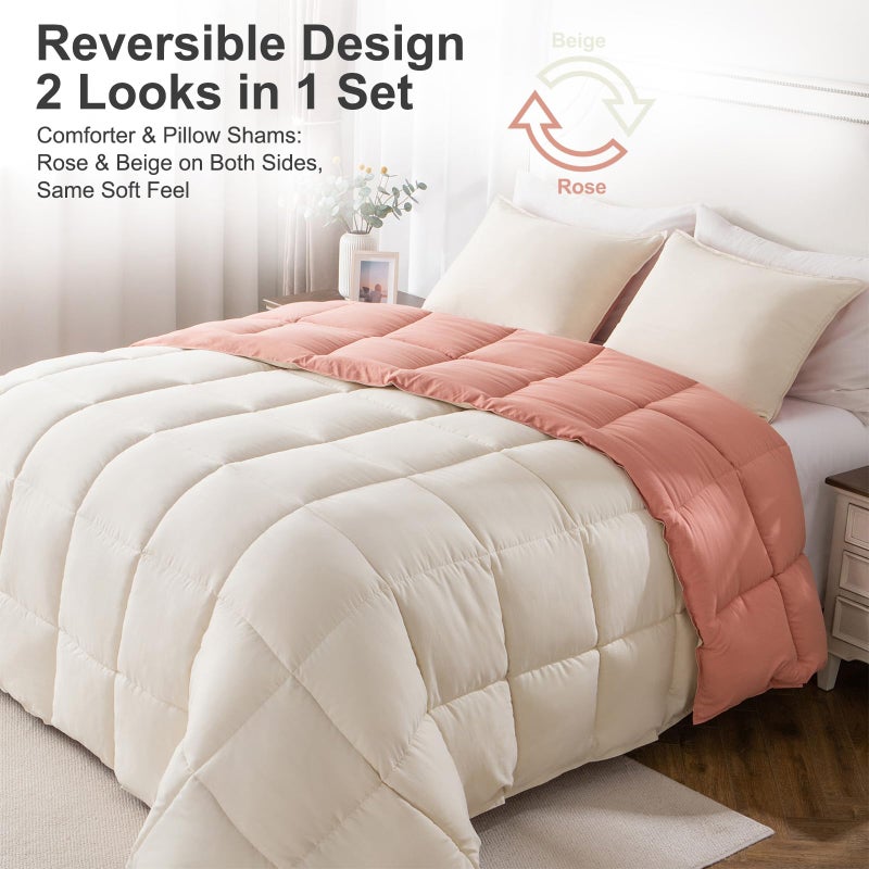 KASENTEX Queen Comforter Set â€“ Reversible Dual Color â€“ Goose Down Alternative â€“ Ultra-Soft, Lightweight, Machine Washable, Maintain Fluffiness, All Season Warmth (Rose/Beige) - Image 2