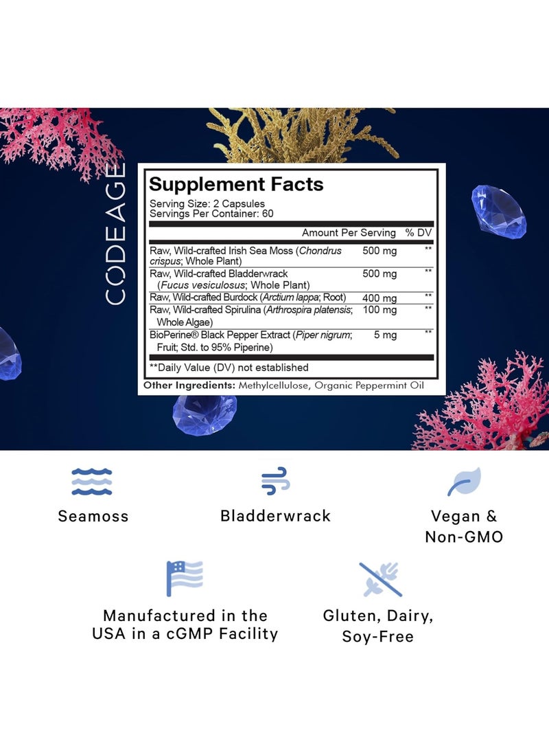 Codeage - Sea Moss Wildcrafted - Irish Sea Moss - Bladderwrack - Burdock Root - Spirulina,Vegan, Non-GMO, 120 Capsules - Image 1