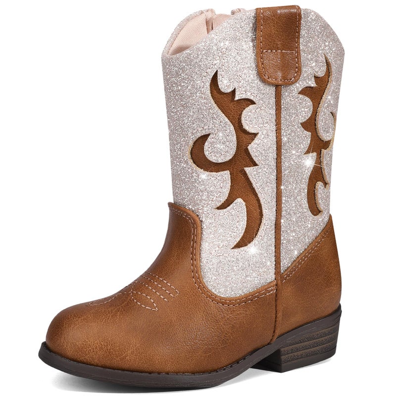shoeslocker Girls Cowgirl Boots - Glitter Cowboy Boot Mid Calf with Side Zipper Brown Toddler Size 9 - Image 1
