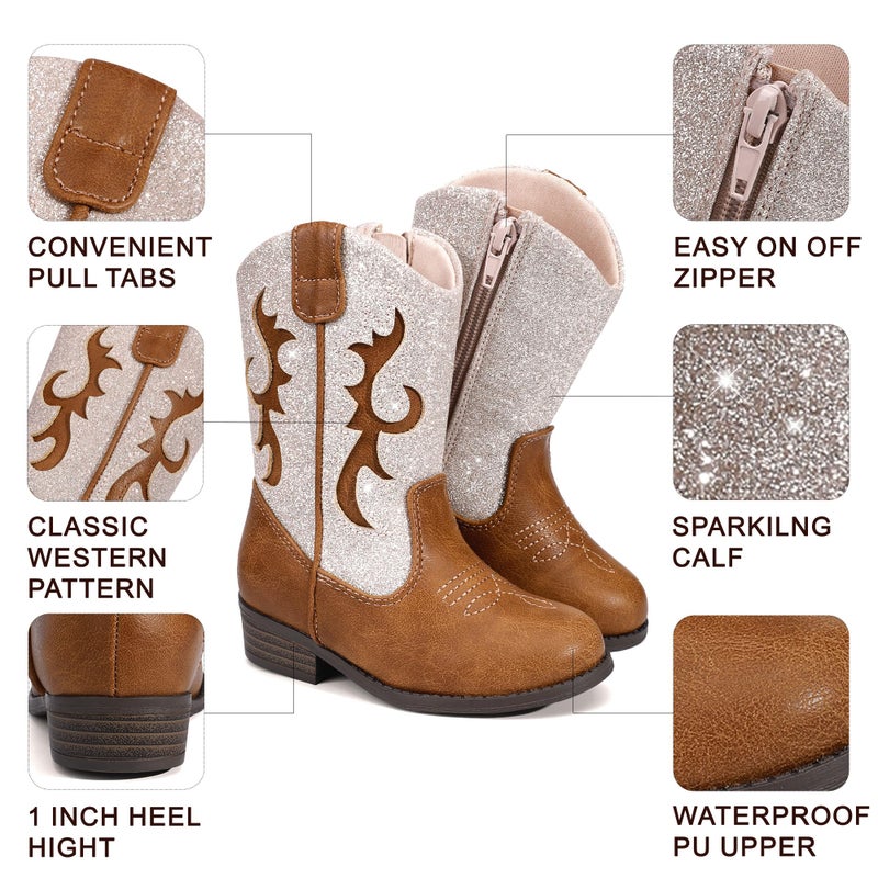 shoeslocker Girls Cowgirl Boots - Glitter Cowboy Boot Mid Calf with Side Zipper Brown Toddler Size 9 - Image 4