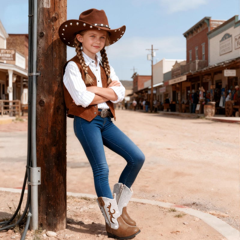 shoeslocker Girls Cowgirl Boots - Glitter Cowboy Boot Mid Calf with Side Zipper Brown Toddler Size 9 - Image 2