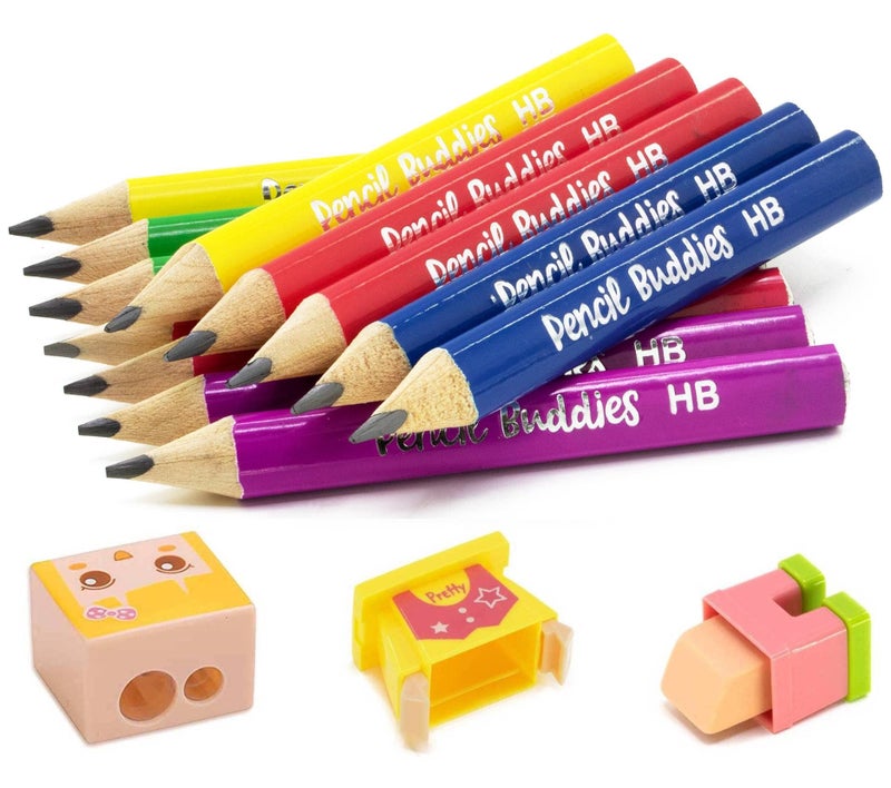 Pencil Buddies Short Jumbo Pencils for Kids, Preschoolers, Kindergarten, Toddlers, & Beginners - 12 Fat Pencils and 1 Sharpener & Eraser, Pencils #2, Triangle Grip, Big Pencils, Kids Pencils (Color DIY) - Image 1