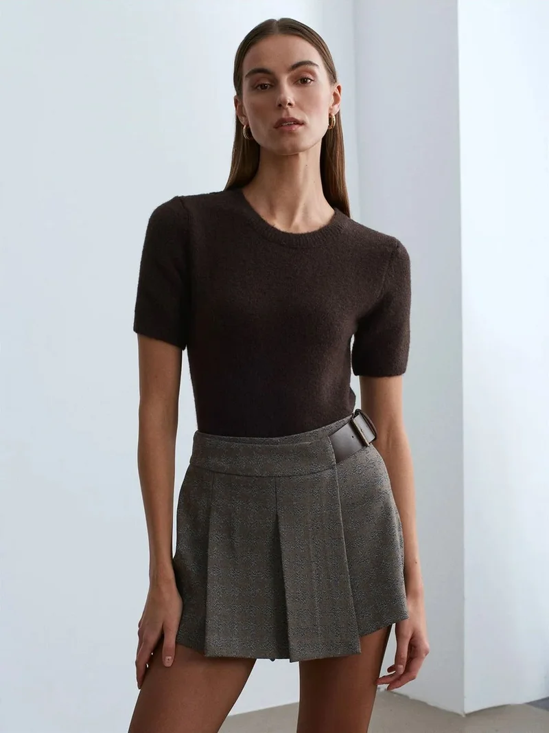 ديلفين Dilvin Women’s Ribbed Crew Neck Short-sleeve Sweater