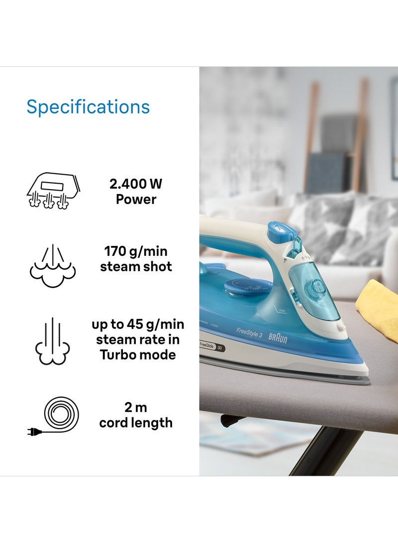 BRAUN FreeStyle 3 Steam Iron with 3D FreeGlide Technology, SuperCeramic Sole, Ultimate FastClean, Automatic Shut-Off, Tank 270 ml 2400 W FI3144BL White - Image 4