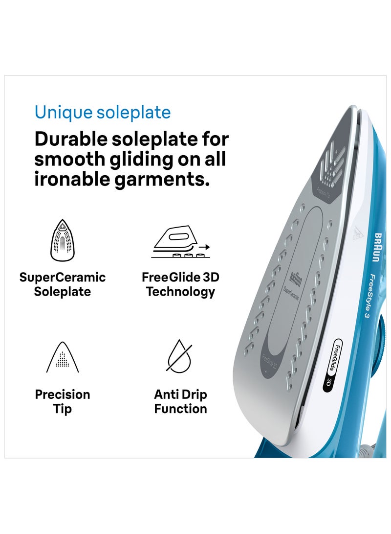 BRAUN FreeStyle 3 Steam Iron with 3D FreeGlide Technology, SuperCeramic Sole, Ultimate FastClean, Automatic Shut-Off, Tank 270 ml 2400 W FI3144BL White - Image 3