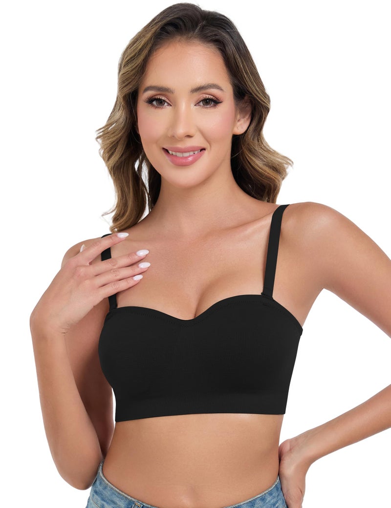 ANGOOL Strapless Bras for Women Wirefree Non-Slip Tube Top Invisible Bralette Seamless Padded Bandeau Bra, Black, L - Image 4