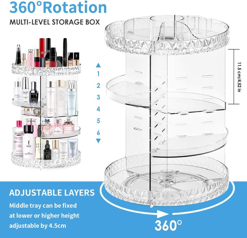 makeup organizer 360 degree rotating multi-function cosmetics storage case with 6 adjustable shelves large capacity for jewelry, skincare, lipsticks and more-13.4 x 8.7 inches - Image 4
