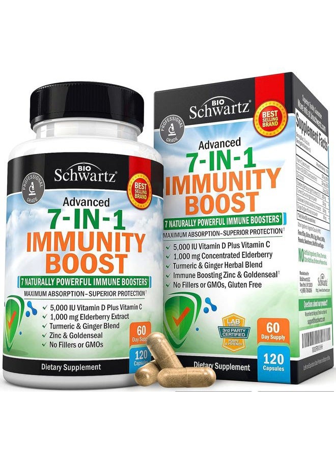 BioSchwartz مكمل دعم المناعة مع الزنك وفيتامين سي وفيتامين د 5000 وحدة دولية والبرقوق والزنجبيل ود3 والجولدنسيل - فيتامينات مناعة معتمدة من الطبيب للبالغين النساء والرجال - معزز طبيعي لجهاز المناعة - 120 حبة - Image 1