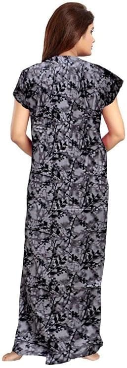 Vlazom Women’s Cotton Printed Maxi Nighty – Ankle Length Night Dress Gown, Pack of 2, Free Size – Soft & Breathable Sleepwear (Grey,Musterd, Free Size) - Image 3