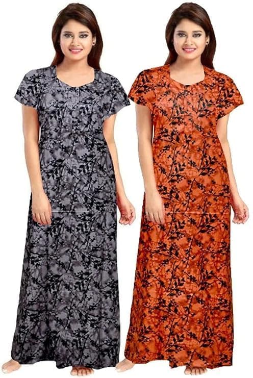 Vlazom Women’s Cotton Printed Maxi Nighty – Ankle Length Night Dress Gown, Pack of 2, Free Size – Soft & Breathable Sleepwear (Grey,Musterd, Free Size) - Image 1