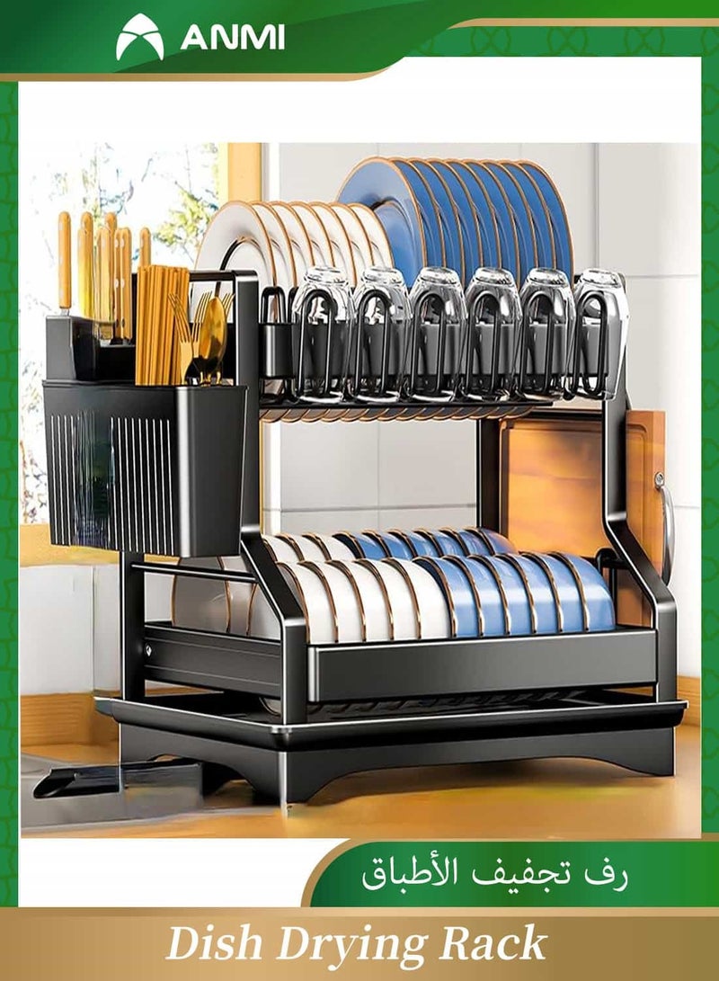 أنمي حامل أطباق من الفولاذ المقاوم للصدأ بطبقتين، لوح تجفيف مانع للتسرب وحامل أدوات مائدة من الفولاذ المقاوم للصدأ، منظم مطبخ متين للمنازل السعودية (أسود) - Image 1