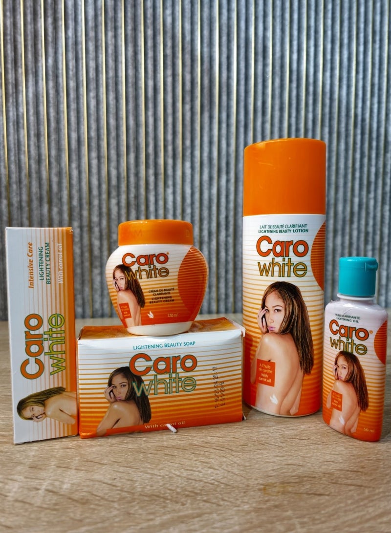 CARO WHITE Carrot Oil Skin Care Set 5 Pieces Perfect Care And Attractive Glow (Lotion 300ml - Oil 50ml - Soap 180g - Cream 120ml - Cream Beauty 30ml) - Image 1