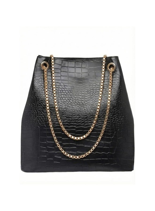 LIKE STYLE Designer Textured PU Handbag with Metal Handle, Twisted Lock, Spacious Interior (Black) - Image 2