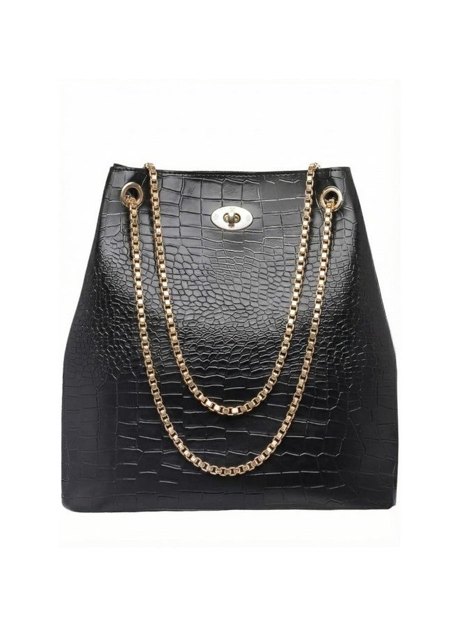 LIKE STYLE Designer Textured PU Handbag with Metal Handle, Twisted Lock, Spacious Interior (Black) - Image 1