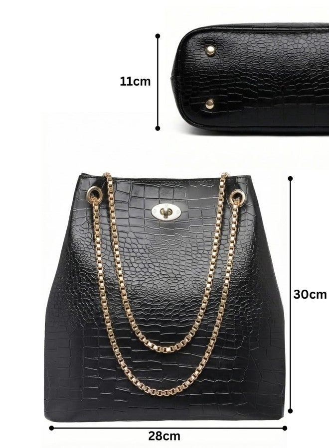 LIKE STYLE Designer Textured PU Handbag with Metal Handle, Twisted Lock, Spacious Interior (Black) - Image 5