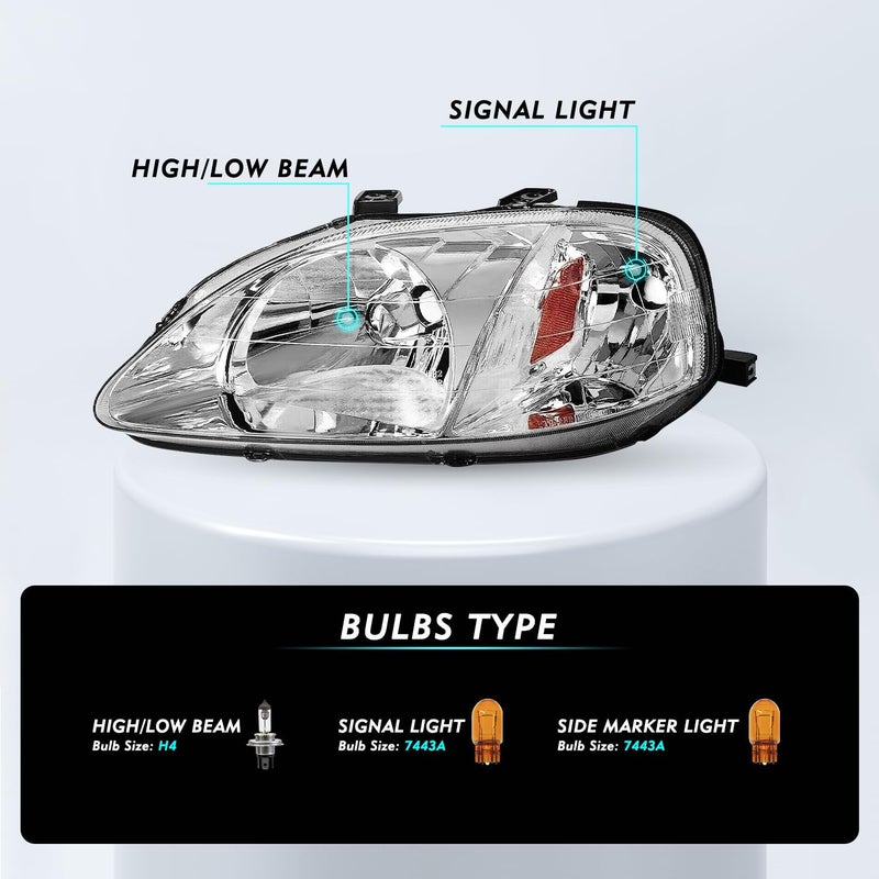 TUSDAR Headlight Assembly Set for 1999-2000 Honda Civic - Driver & Passenger Side - Image 2