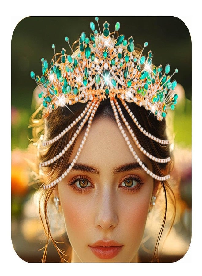 Kilshye Green Rhinestone Queen Crown Gold Crystal Wedding Crowns and Tiaras Festival Costume Hair Accessories for Women (Green, One Size) - Image 1