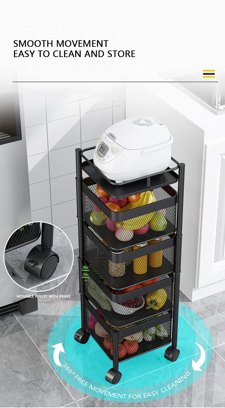 HOME CUBE Kitchen Rotating Trolley Portable Storage Rack Round Design Fruits Vegetable Onion Cutlery SpiceJars Container Basket Organizer Holder for Kitchen 4 Layer Sqaure Shape TrolleyBlack - Image 3