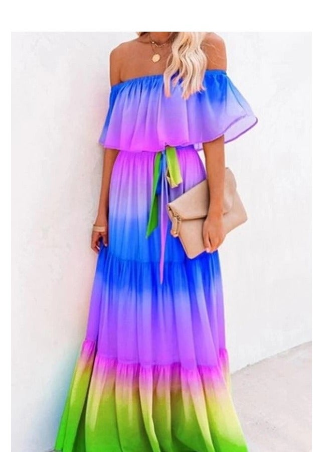 NIBEMINENT فستان ماكسي شيفون بأكتاف مكشوفة بألوان متدرجة مع حزام وكرانيش V-F - Image 1