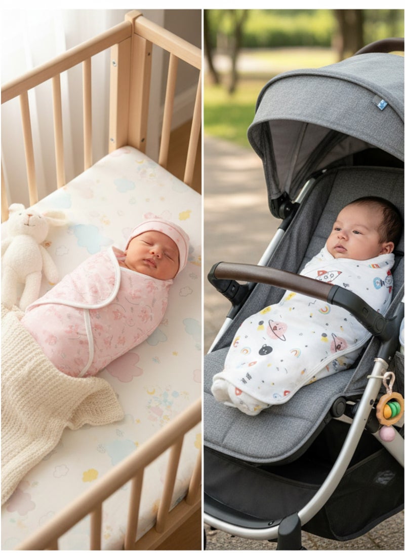 Baby Hooded Swaddle Towel Blanket – Soft Cotton Newborn Wrap with Hood – Pink Cute Print (1 Pc) & Baby Hooded Blanket Set – Soft Cotton Newborn Wrap with Cartoon Space Print Bundle - Image 5