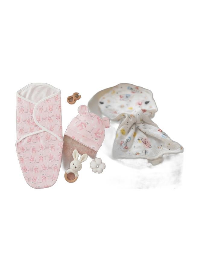 Baby Hooded Swaddle Towel Blanket – Soft Cotton Newborn Wrap with Hood – Pink Cute Print (1 Pc) & Baby Hooded Blanket Set – Soft Cotton Newborn Wrap with Cartoon Space Print Bundle - Image 2