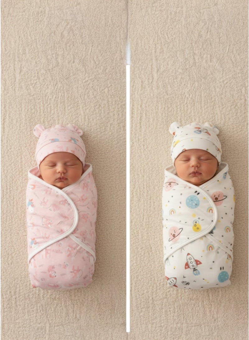Baby Hooded Swaddle Towel Blanket – Soft Cotton Newborn Wrap with Hood – Pink Cute Print (1 Pc) & Baby Hooded Blanket Set – Soft Cotton Newborn Wrap with Cartoon Space Print Bundle - Image 1