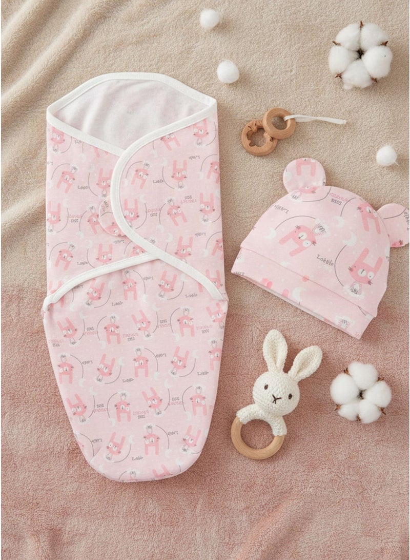 Baby Hooded Swaddle Towel Blanket – Soft Cotton Newborn Wrap with Hood – Pink Cute Print (1 Pc) & Baby Hooded Blanket Set – Soft Cotton Newborn Wrap with Cartoon Space Print Bundle - Image 3