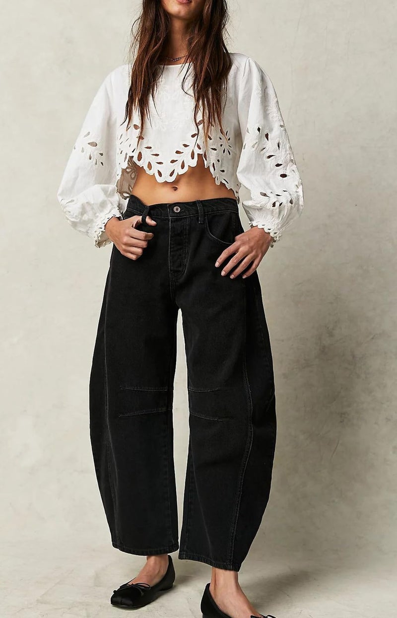loveimgs Womens Stretchy Mid Rise Barrel Jeans Vintage Loose Wide Leg Cropped Denim Pants Y2k Baggy Boyfriend Jeans (Large,Black) - Image 4