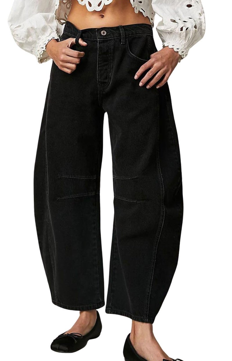 loveimgs Womens Stretchy Mid Rise Barrel Jeans Vintage Loose Wide Leg Cropped Denim Pants Y2k Baggy Boyfriend Jeans (Large,Black) - Image 1