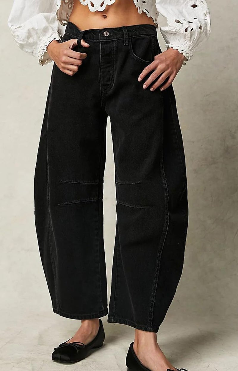 loveimgs Womens Stretchy Mid Rise Barrel Jeans Vintage Loose Wide Leg Cropped Denim Pants Y2k Baggy Boyfriend Jeans (Large,Black) - Image 3