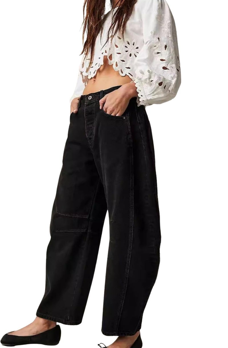 loveimgs Womens Stretchy Mid Rise Barrel Jeans Vintage Loose Wide Leg Cropped Denim Pants Y2k Baggy Boyfriend Jeans (Large,Black) - Image 2