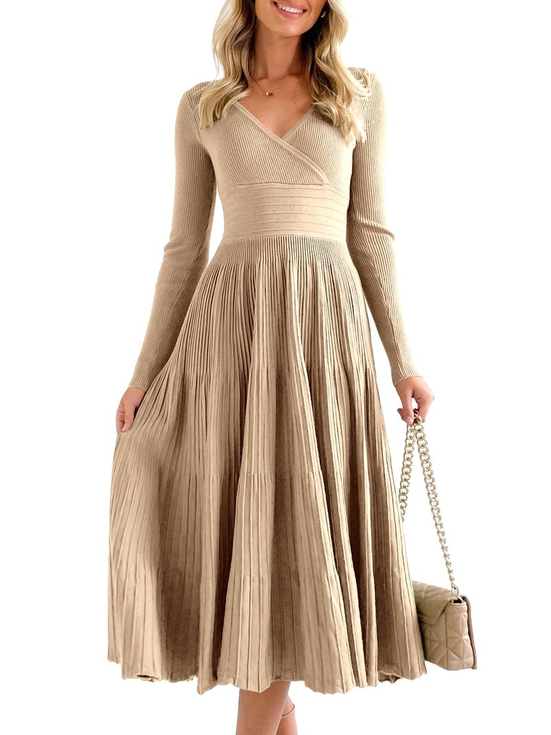 Saodimallsu Womens Long Sleeve Midi Sweater Dress Wrap V Neck Pleated A Line Fit Flare Elegant Knit Maxi Dress Khaki - Image 1