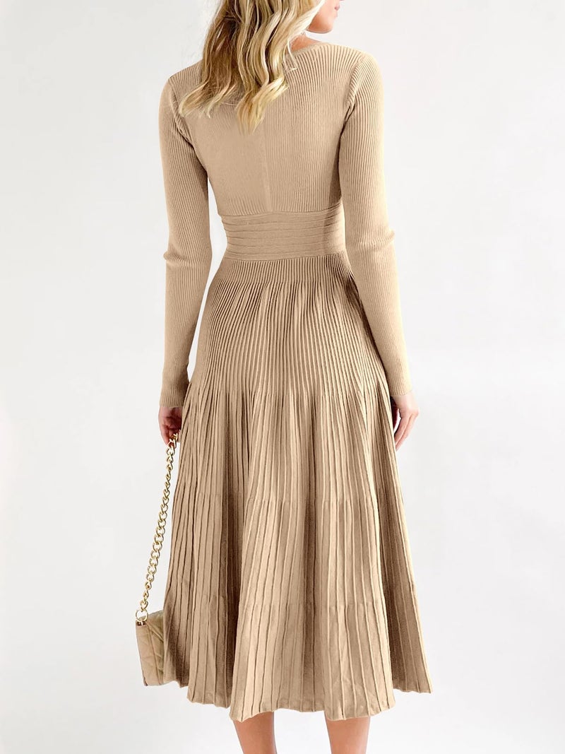 Saodimallsu Womens Long Sleeve Midi Sweater Dress Wrap V Neck Pleated A Line Fit Flare Elegant Knit Maxi Dress Khaki - Image 5