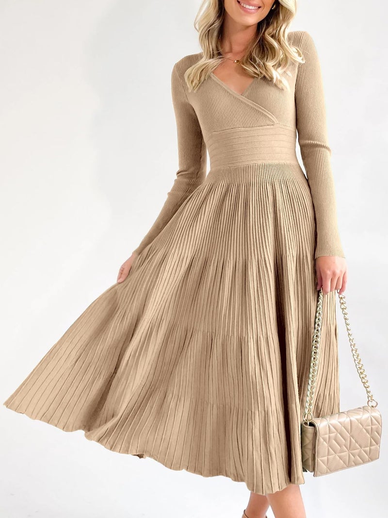 Saodimallsu Womens Long Sleeve Midi Sweater Dress Wrap V Neck Pleated A Line Fit Flare Elegant Knit Maxi Dress Khaki - Image 2