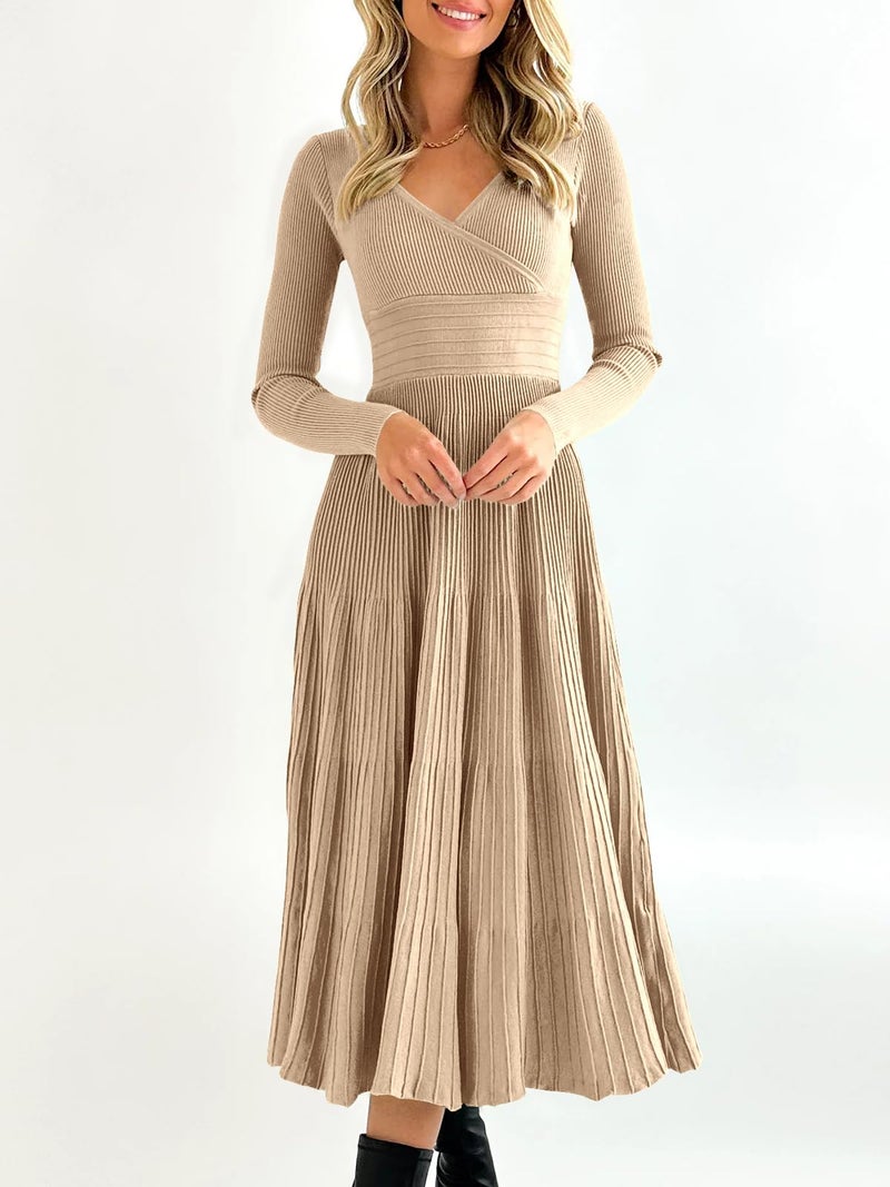 Saodimallsu Womens Long Sleeve Midi Sweater Dress Wrap V Neck Pleated A Line Fit Flare Elegant Knit Maxi Dress Khaki - Image 4