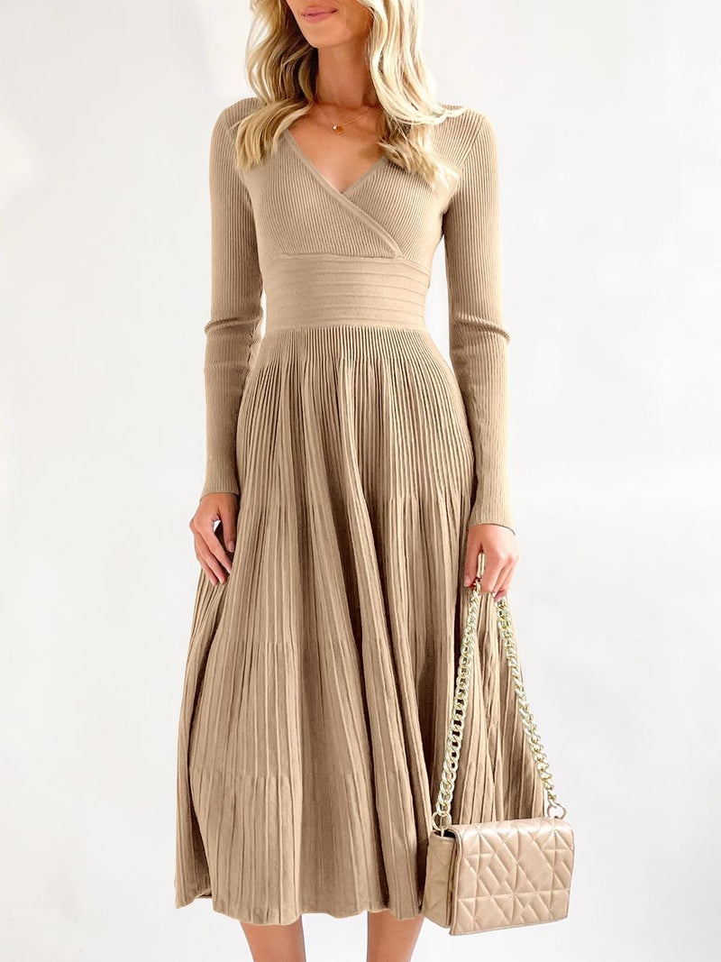 Saodimallsu Womens Long Sleeve Midi Sweater Dress Wrap V Neck Pleated A Line Fit Flare Elegant Knit Maxi Dress Khaki - Image 3