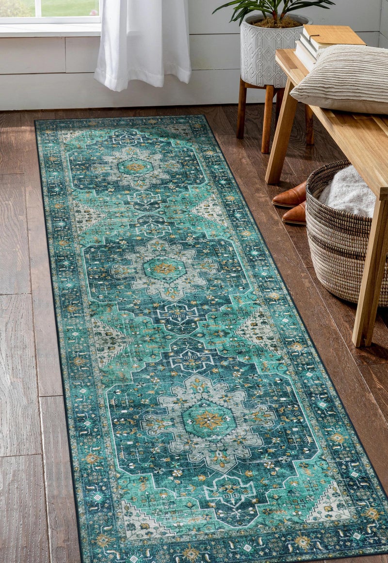 Moynesa UltraThin Washable Teal Non Slip Bathroom Rug 2x6 Laundry Room Mat Machine Washable NonSlip Pet Friendly Carpet Runner for Camper RV Foyer Kitchen Hallway