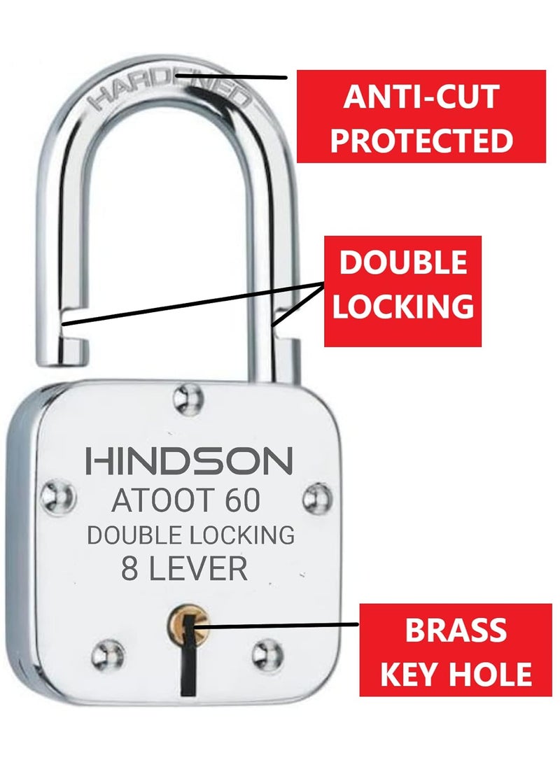 HINDSON - Hindson Lock and Key Atoot 60mm with 3 Key Atoot Steel Hardened Shackle Double Locking 8 Lever Padlock for Door Gate Shutter Finish Silver ATOOT 60 Hardened - Image 1