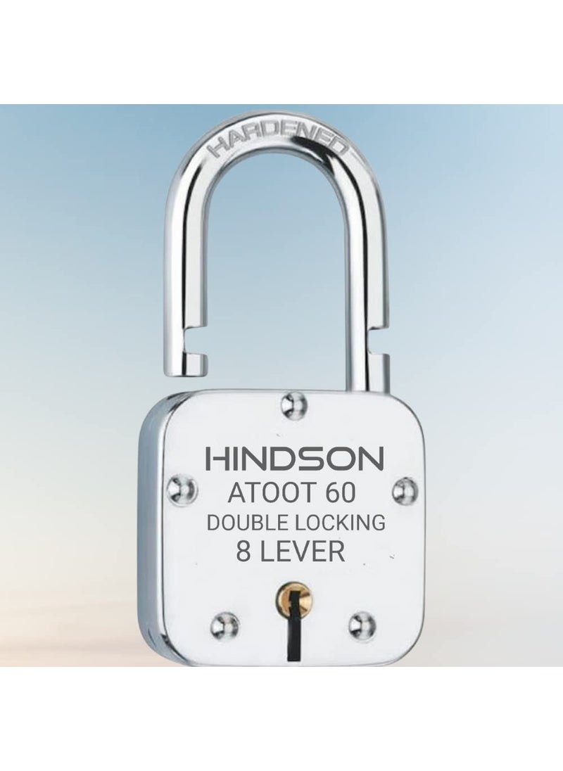 HINDSON - Hindson Lock and Key Atoot 60mm with 3 Key Atoot Steel Hardened Shackle Double Locking 8 Lever Padlock for Door Gate Shutter Finish Silver ATOOT 60 Hardened - Image 1