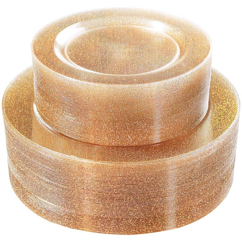 أطباق بلاستيكية ذهبية قابلة للتصرف 120 قطعة من WDF أطباق غداء ثقيلة الجودة 601025 وأطباق سلطة 6075 للحفلات والزفاف