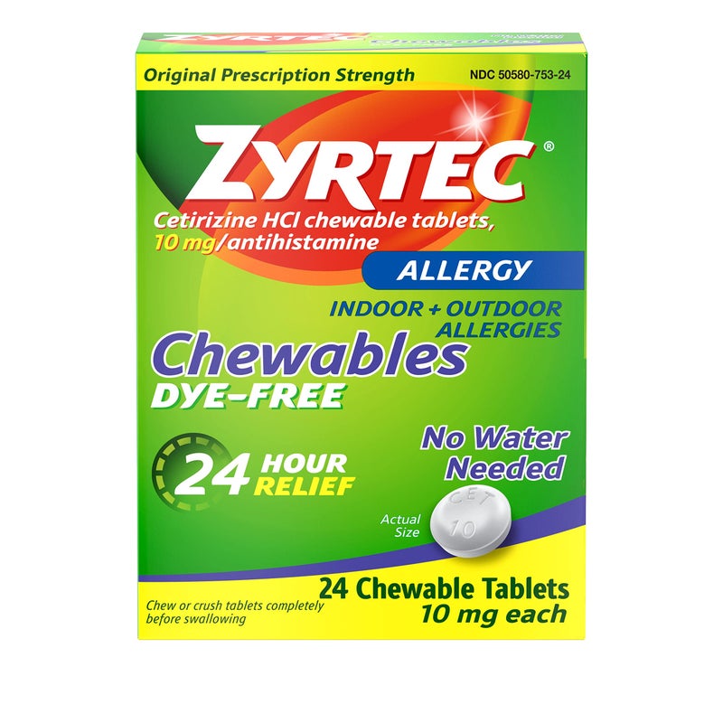 ZYRTEC أقراص زيرتيك القابلة للمضغ لتخفيف الحساسية لمدة 24 ساعة مع 10 ملغ سيتيريزين هيدروكلوريد مضاد الهيستامين، دواء تخفيف الحساسية لأعراض الحساسية الناتجة عن حبوب اللقاح من الأعشاب والأشجار، خالية من الأصباغ، 24 حبة - Image 1