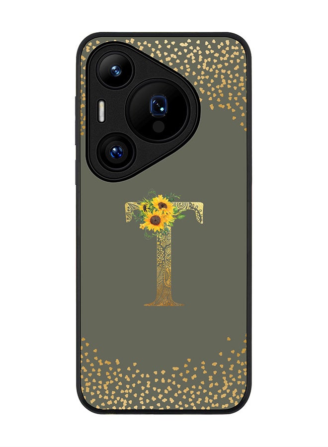 Stylizedd Rugged Black edge case for Huawei Pura 70, Slim fit Case Flexible Cover - Custom Monogram Initial Letter Floral Pattern Alphabet - T (Olive Green ) - Image 1