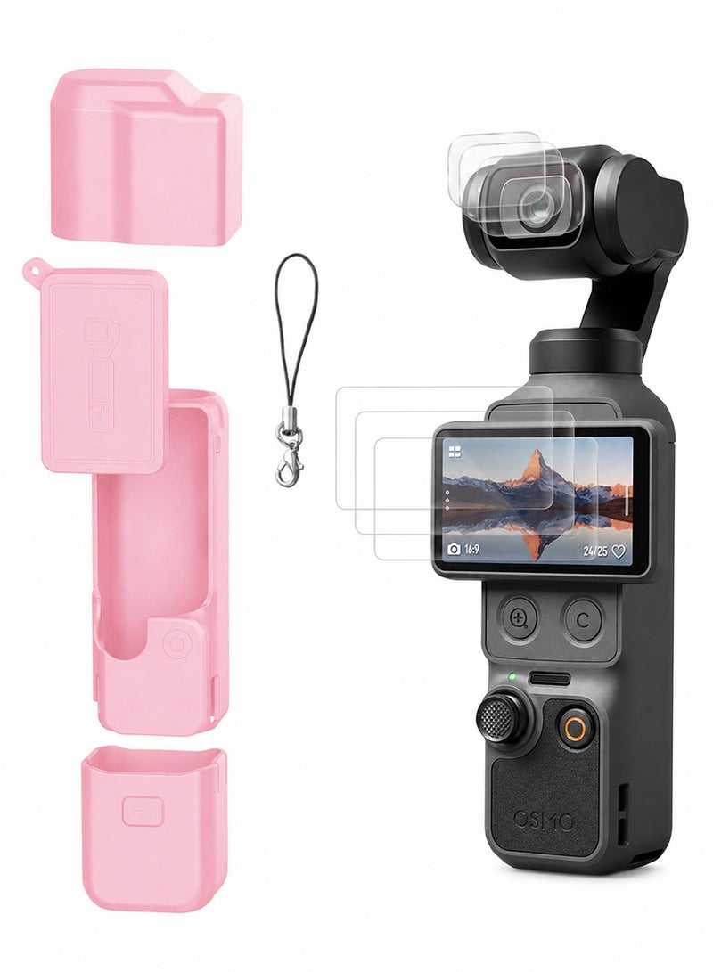 سجيت طقم ملحقات DJI OSMO جيب 4، غطاء حماية سيليكوني، واقي شاشة زجاجي مقسى، واقي عدسة (وردي) - Image 1