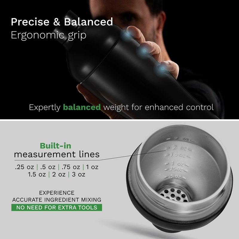 The Mixologer Cocktail Shaker & Tumbler | 19 oz Stainless Steel Drink Mixer with Built-in Measurements, Leak-Proof Design & Vacuum Insulation | Ideal to Mix Whiskey, Cocktails & More | Matte Black - Image 4
