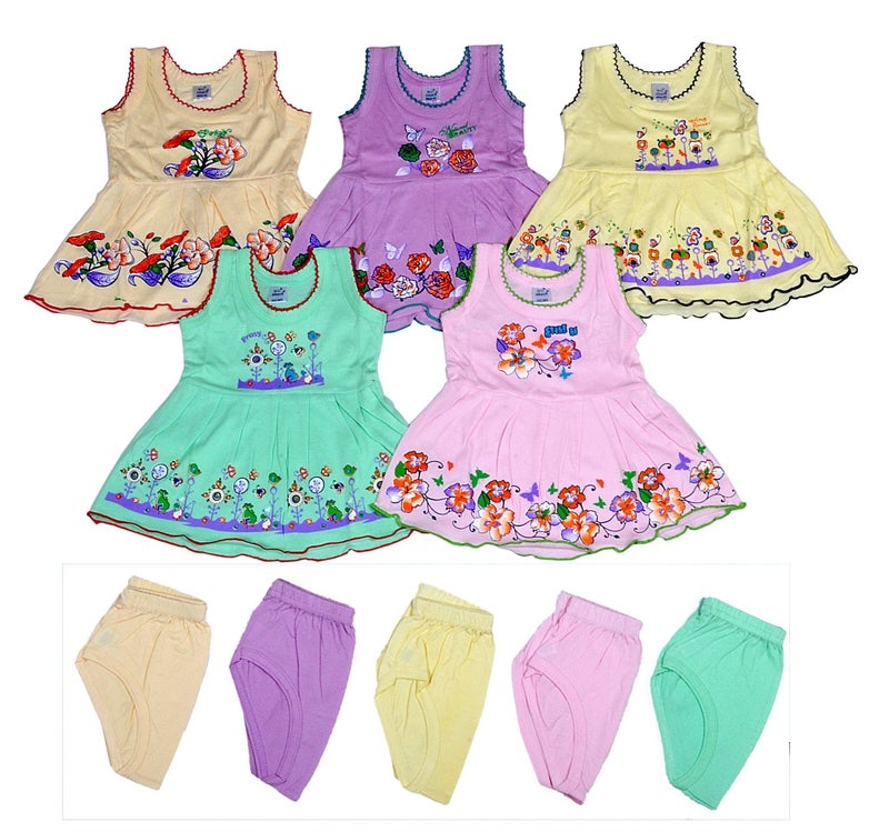 Sathiyas Baby Girls A-Line Hosiery Cotton Dresses (Multicolor, Set of 5) - Image 1