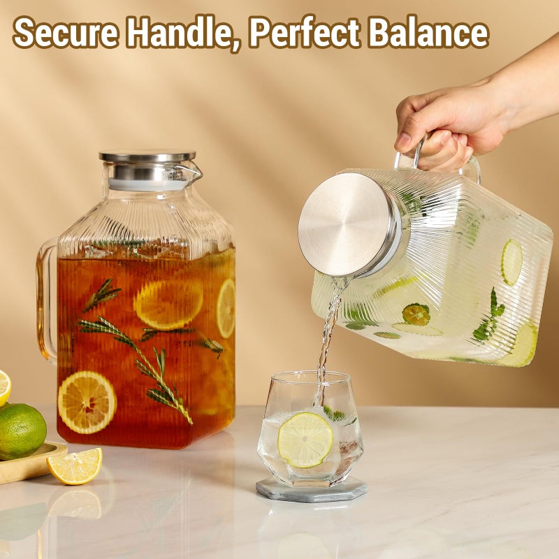 Snuvid 2 Pack 1 Gallon thickened Square Glass Pitcher with Lid, Classic Stripes Water Pitchers for Fridge, Borosilicate Glass Carafe for Hot/Cold Brew Drink, Extra Large Jug with Handle for Iced Tea, Coffee - Image 5