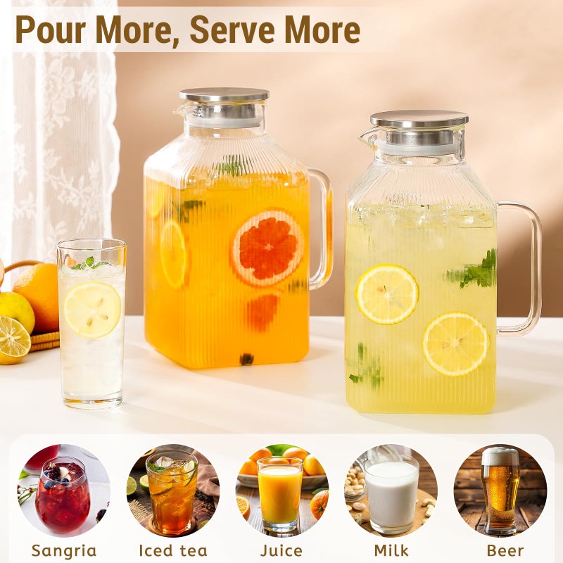 Snuvid 2 Pack 1 Gallon thickened Square Glass Pitcher with Lid, Classic Stripes Water Pitchers for Fridge, Borosilicate Glass Carafe for Hot/Cold Brew Drink, Extra Large Jug with Handle for Iced Tea, Coffee - Image 2