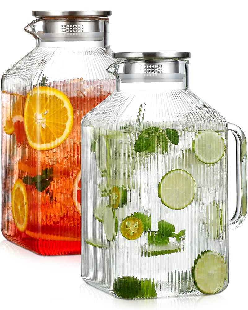 Snuvid 2 Pack 1 Gallon thickened Square Glass Pitcher with Lid, Classic Stripes Water Pitchers for Fridge, Borosilicate Glass Carafe for Hot/Cold Brew Drink, Extra Large Jug with Handle for Iced Tea, Coffee - Image 1