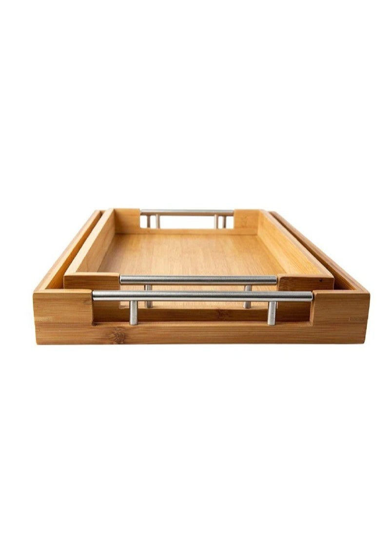 Generic 3-piece tray set, bamboo wood and metal handle  - Image 5