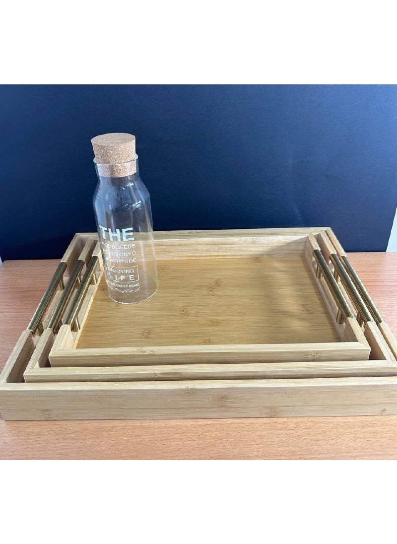 Generic 3-piece tray set, bamboo wood and metal handle  - Image 1